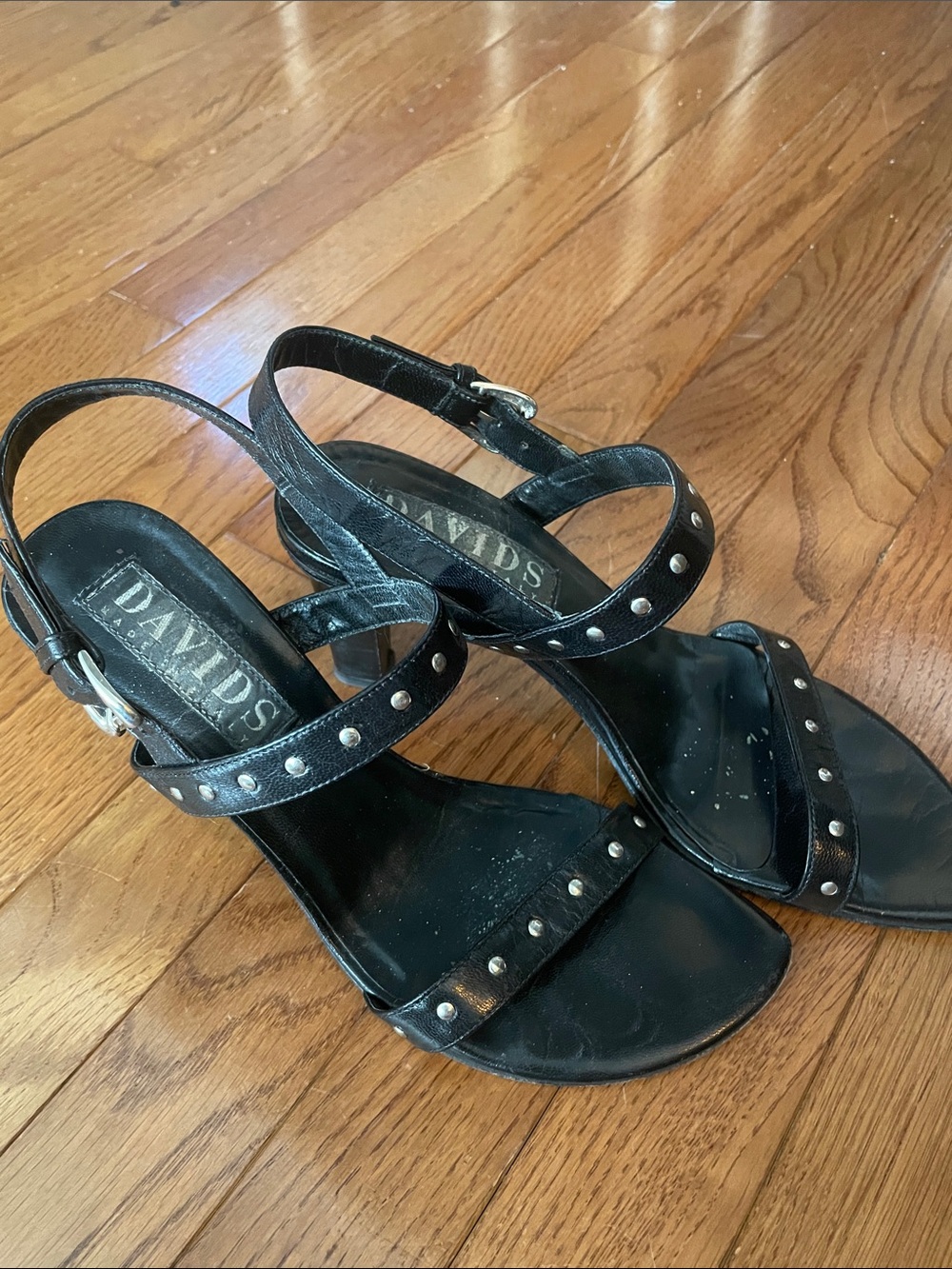Davids Black Studded Leather Strappy Heels